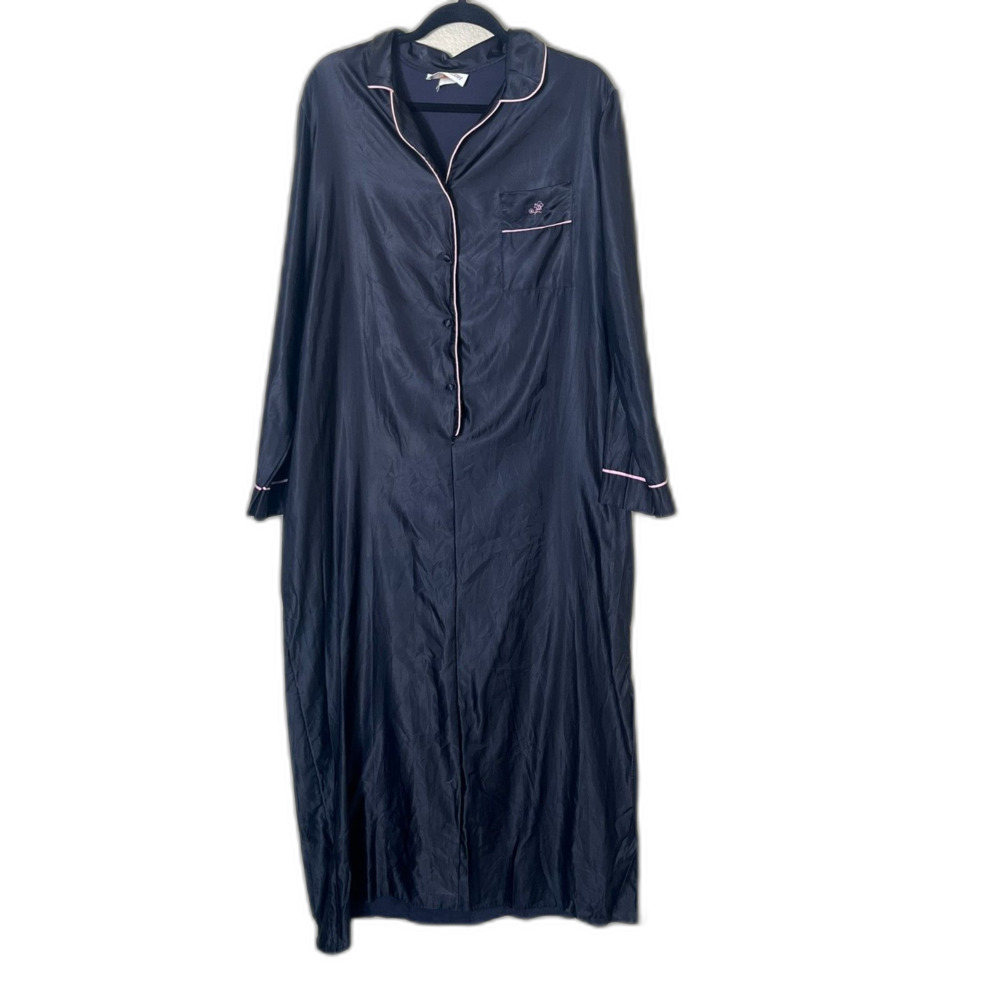 VTG Barbizon Black Satin Poly Dressing Gown Nightgown Large Pink Piping Large